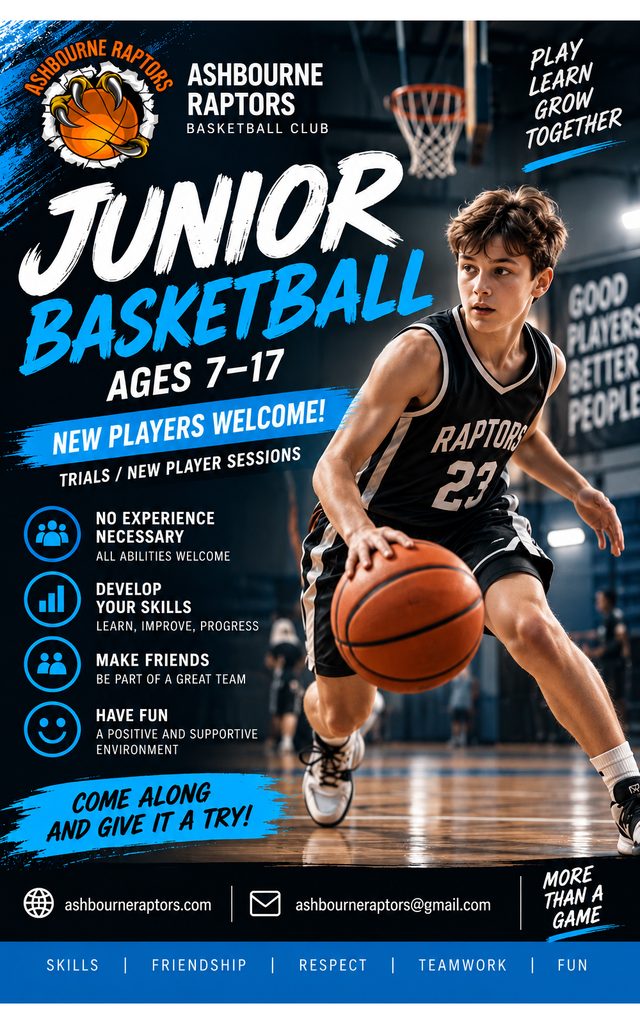 Young Ashbourne Raptors player in a black jersey dribbling a basketball during a junior basketball session